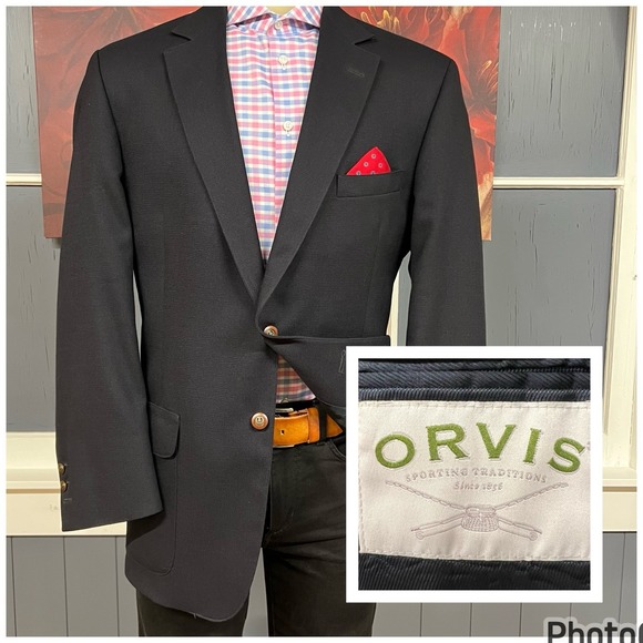 Orvis Blazer Jacket Sport Coat Mens 44L Long Dark Navy Wool Working Cuffs‎ USA - Picture 1 of 13